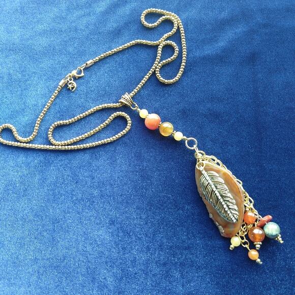 Natural Orange Agate Slice and Gold Feather Necklace strength courage protection - Picture 2 of 10